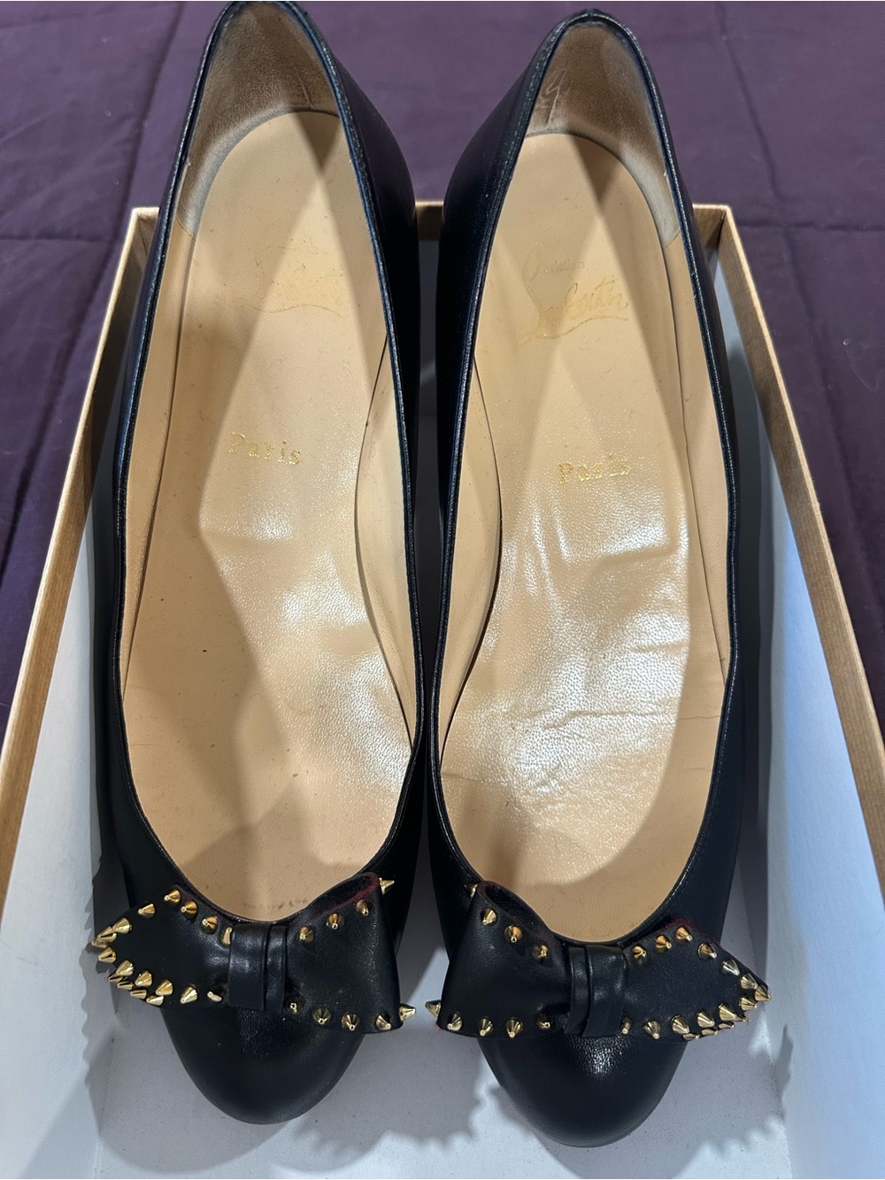 Christian Louboutin Black Leather Stud-Detail Ballet Flats - Picture 3 of 7